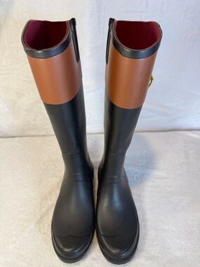 Tommy Hilfiger Viktoria Black Brown Sz 8 Equestrian Style Tall Riding Rain Boots